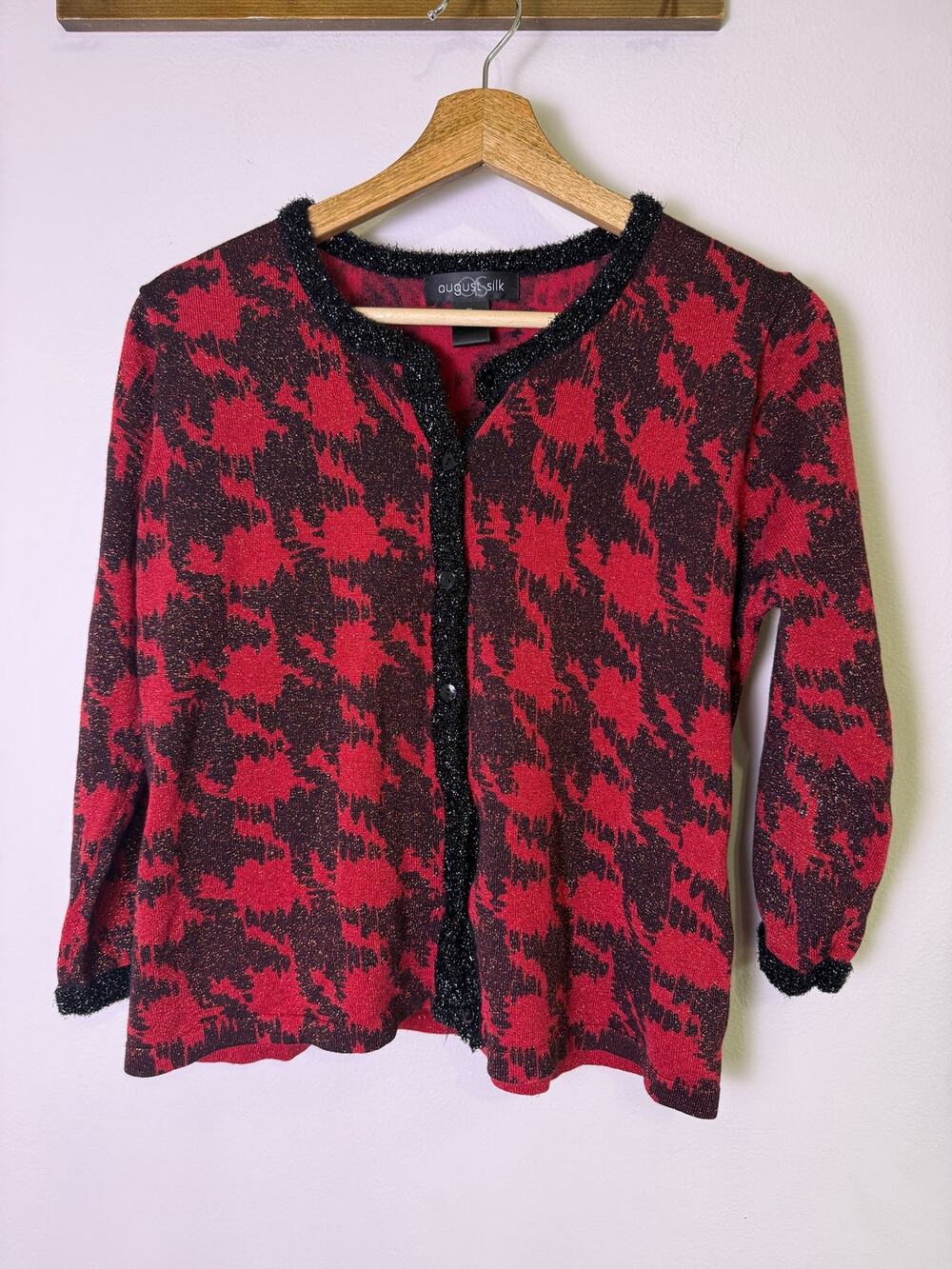 August Silk Y2K Metallic Houndstooth Knit Cardigan Sweater Red Black XL? (read)